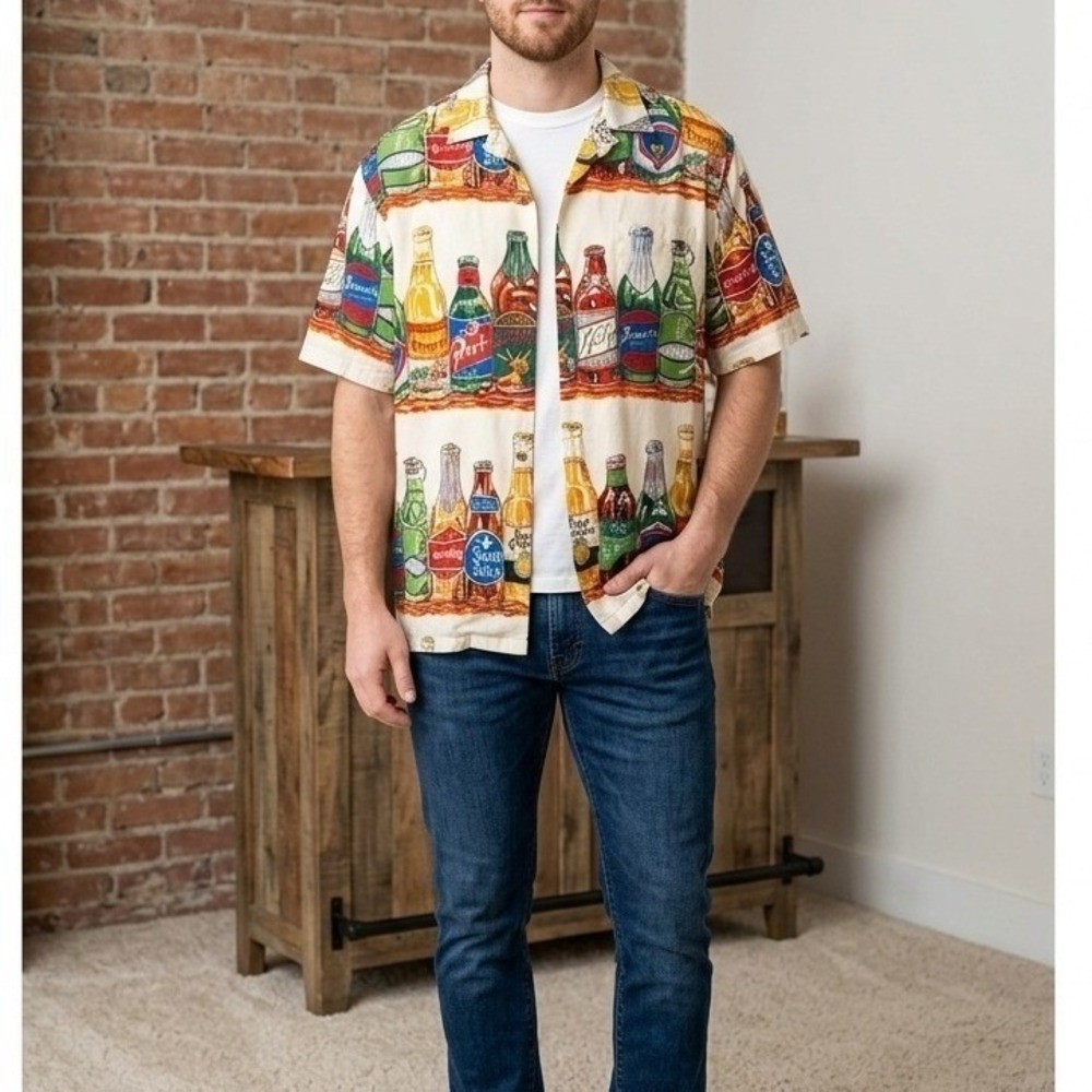 Five Crown Mens Short Sleeve Beer Bottle Print Button Down Shirt Multicolor L